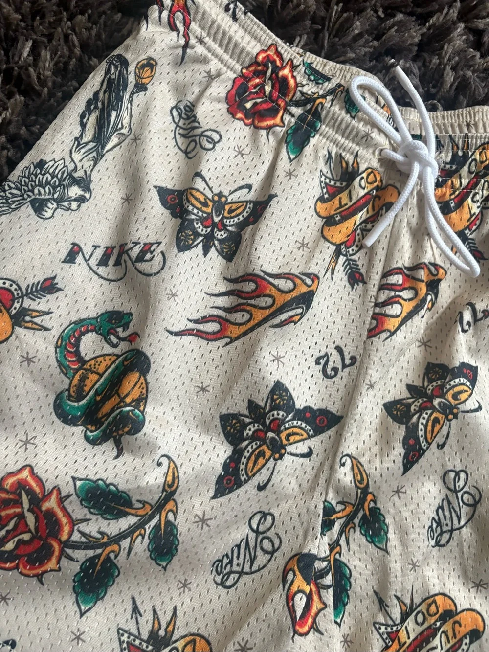 Nike Cream Mesh Shorts with Multicolor Tattoo Print Waistband
